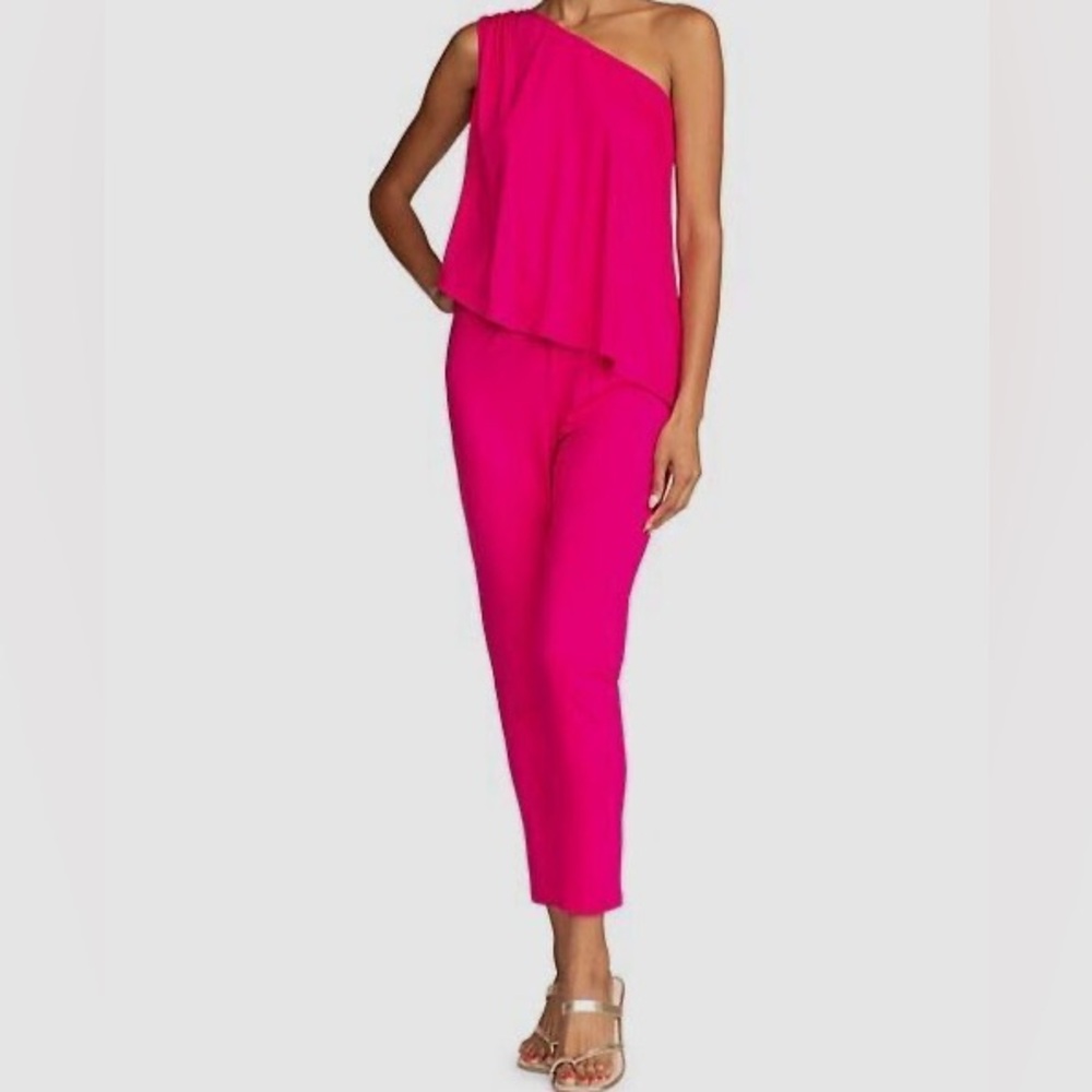NEW Trina Turk S Hot Pink One-Shoulder Draped Estell Jumpsuit with Tapered Legs